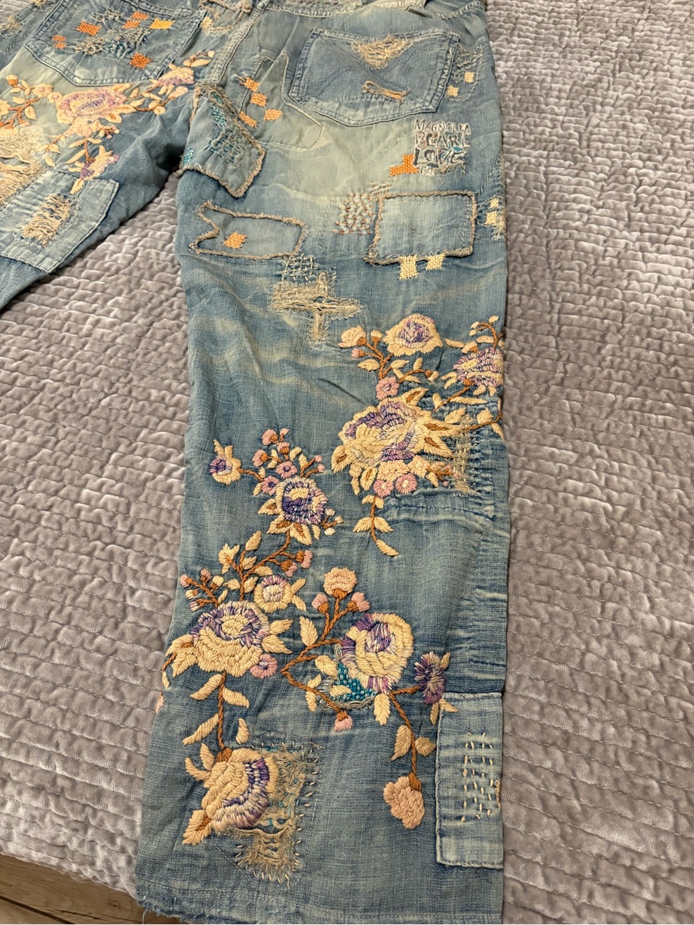 Magnolia Pearl Embroidered Patchwork Blue Jeans with Pink & Cream Florals - Picture 9 of 16